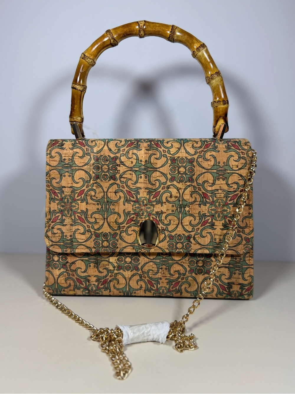 Unk Beige Patterned Bamboo-Handle Crossbody Bag with Gold Chain